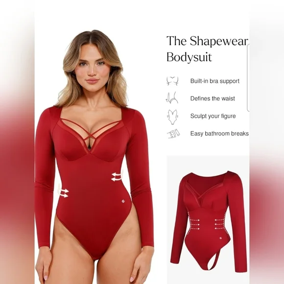 Popilush Women's Longsleeve Red V Neck Shapewear Tummy Control Bodysuit Size XXL - Picture 2 of 10
